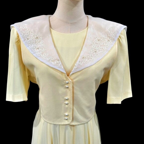 NEW JBS Tie Back Maxi Dress Size 10 Yellow Bib Collar Pleated Easter Cottage VTG - Picture 2 of 14